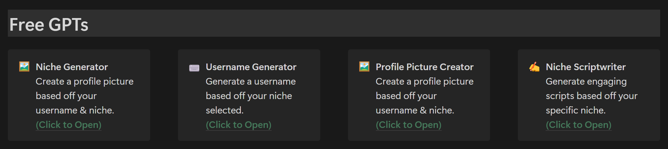 "Free GPTs" section on a dark background with four tools: Niche Generator, Username Generator, Profile Picture Creator, and Niche Scriptwriter.