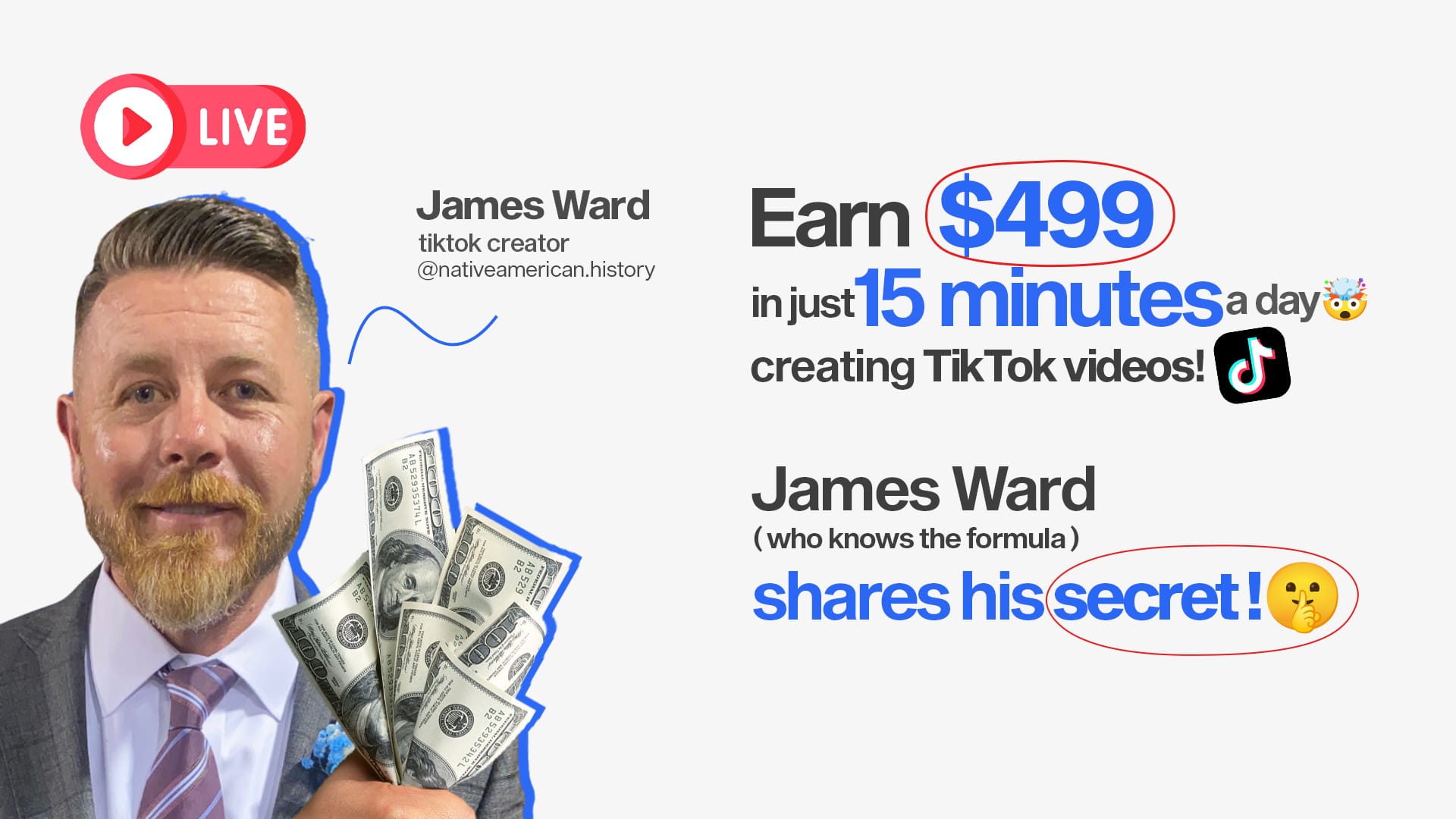 Promotional banner for OSSA.AI featuring James Ward. Live event on TikTok success with "Earn $499 in 15 minutes" offer.