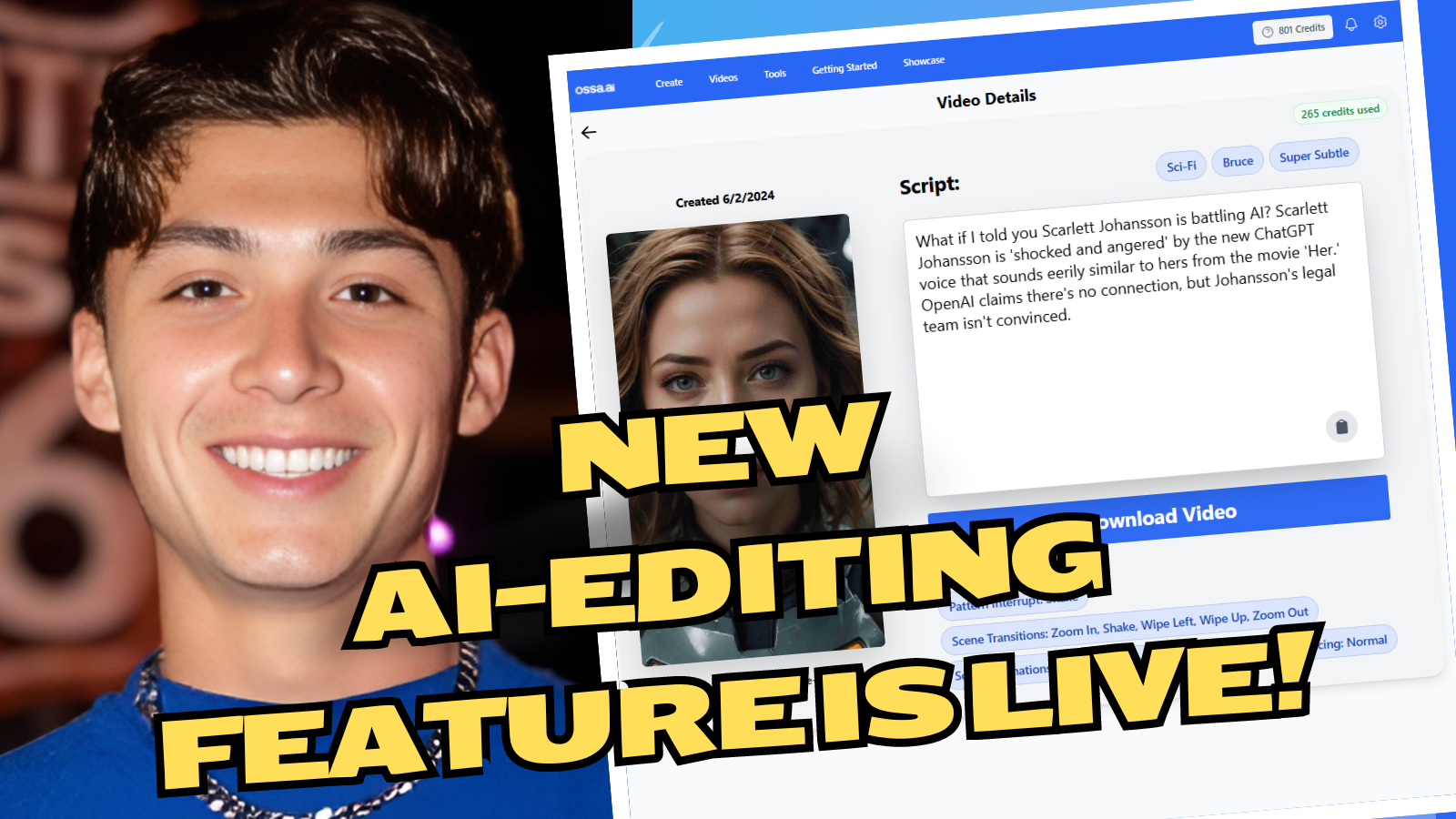 YouTube thumbnail promoting OSSA.AI's new AI editing feature, featuring a smiling man, video interface, and bold text: "NEW AI-EDITING FEATURE IS LIVE!"