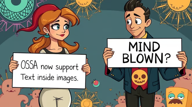 Cartoon illustration of two characters: a red-haired woman with a sign "OSSA now supports text inside images" and a man saying "MIND BLOWN?"