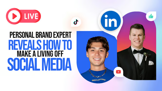 Promotional graphic for a live event with a "Personal Brand Expert" discussing earning from social media, featuring bold, vibrant design.