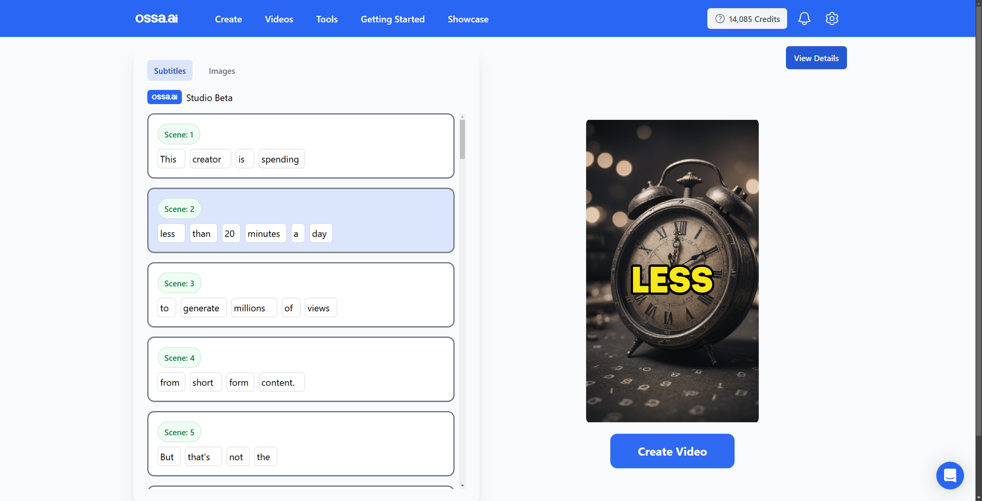 OSSA.AI Studio Beta user interface showing scenes' subtitles, a vintage clock, and a "Create Video" button, highlighting efficient content creation.