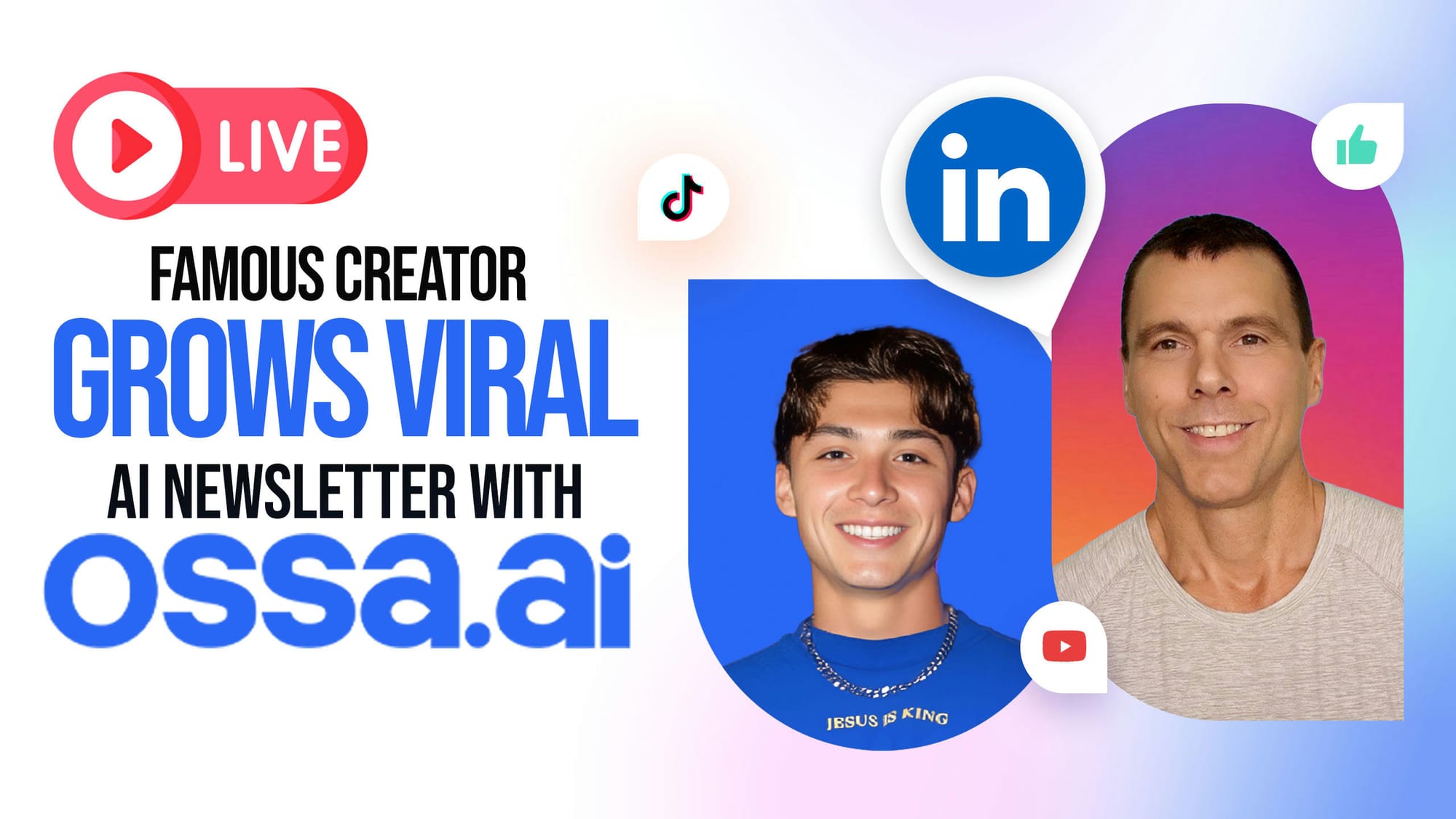 Thumbnail promoting weekly OSSA.AI livestream with Cole Gonzales and Brad Gaines, featuring social media icons and vibrant background.