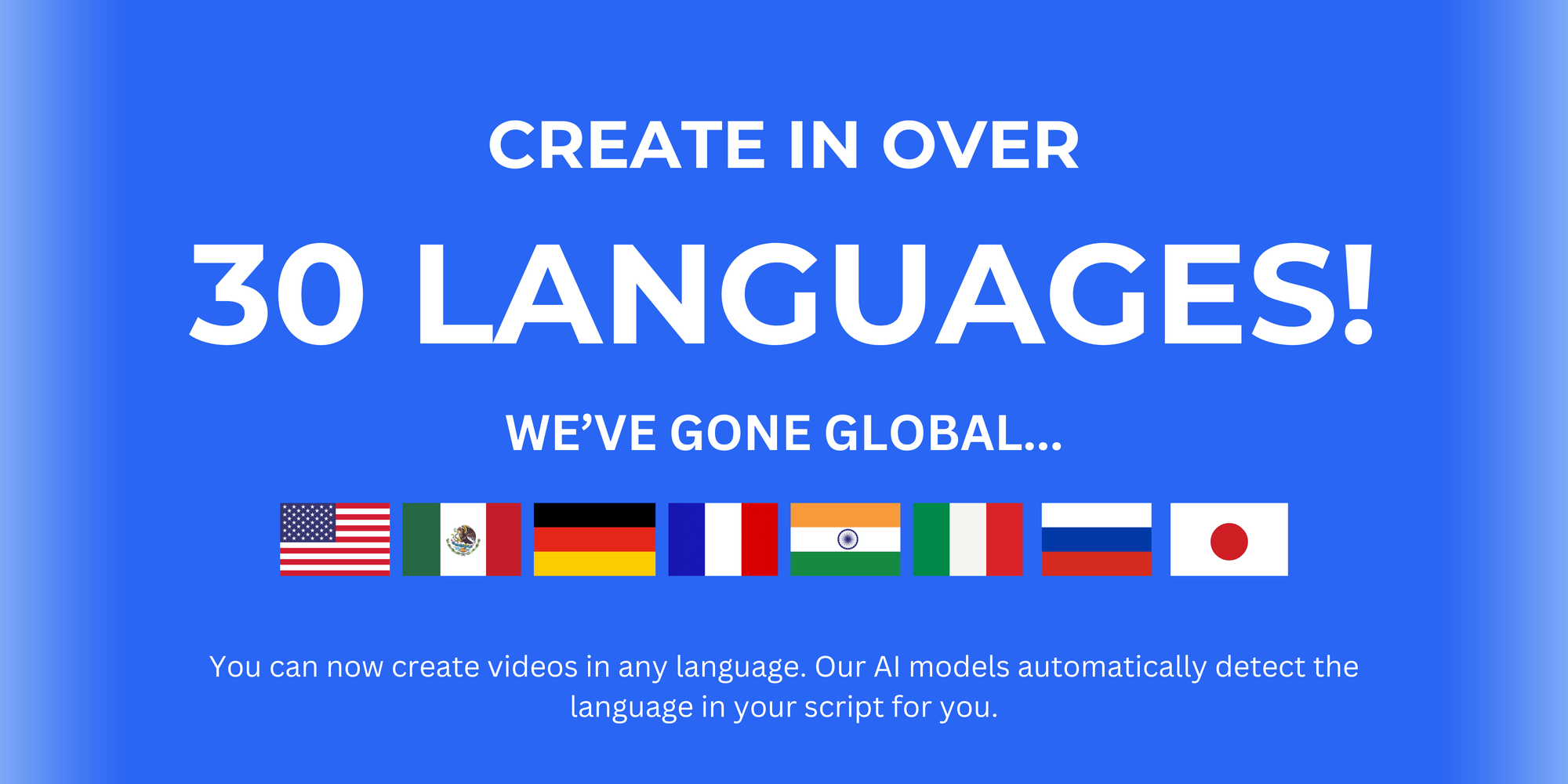 Promotional graphic with blue background showcasing bold text "CREATE IN OVER 30 LANGUAGES!" and national flags of supported countries.