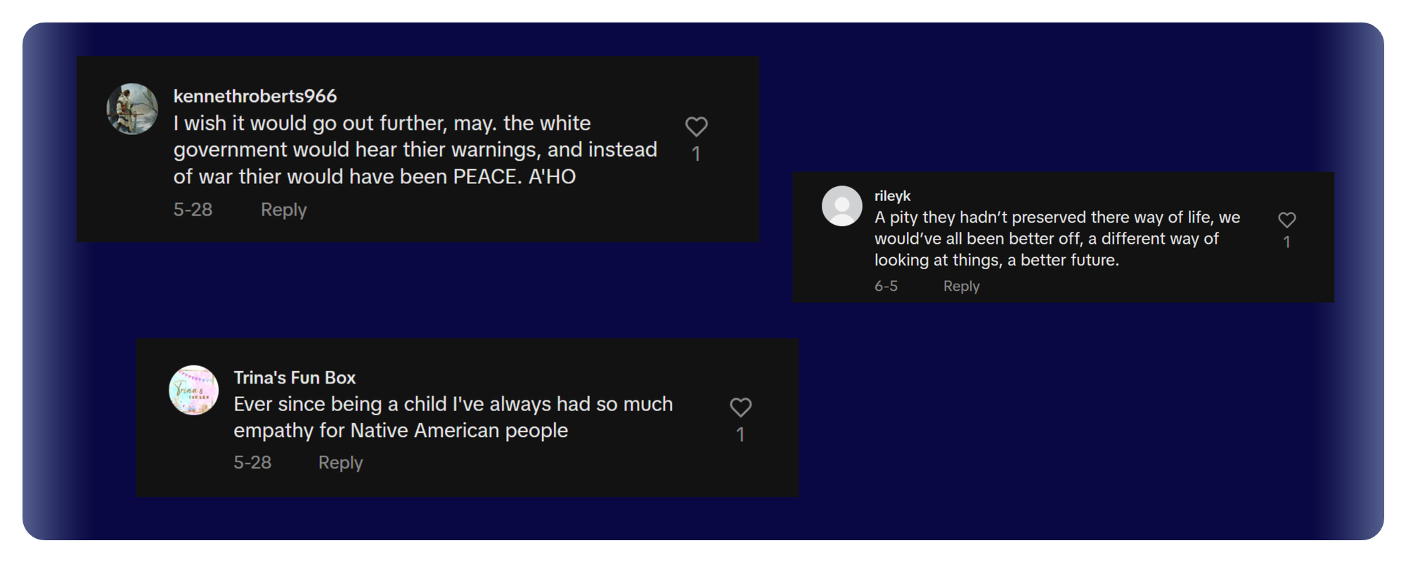 TikTok comments on 'The Battle of Little Bighorn' video, expressing empathy for Native Americans and regret.