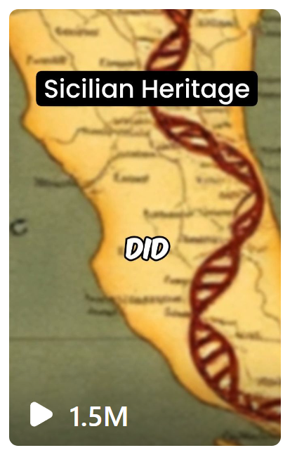 Instagram video showing a map of Sicily with text "Sicilian Heritage" and 1.5M views.