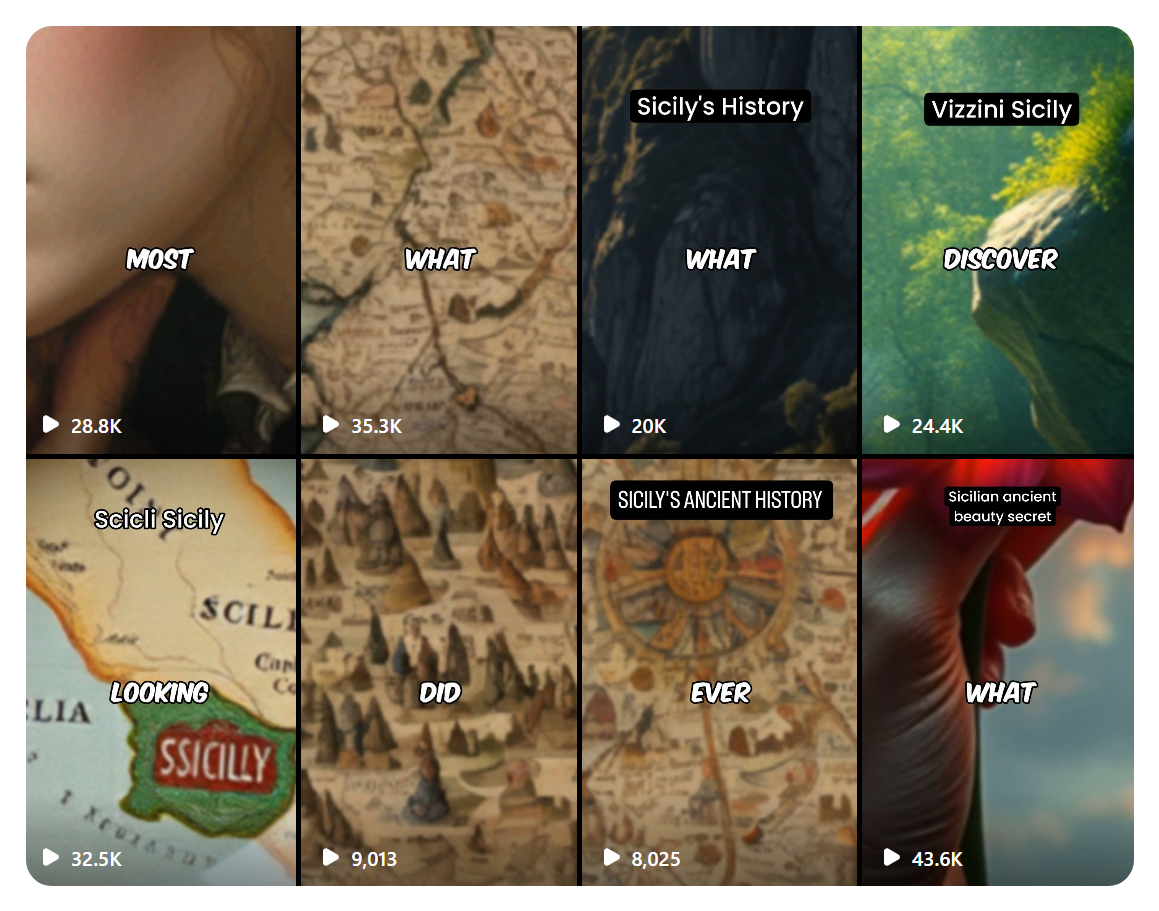 Grid of video thumbnails with titles like "What," "Discover," and "Looking" related to Sicily's history.