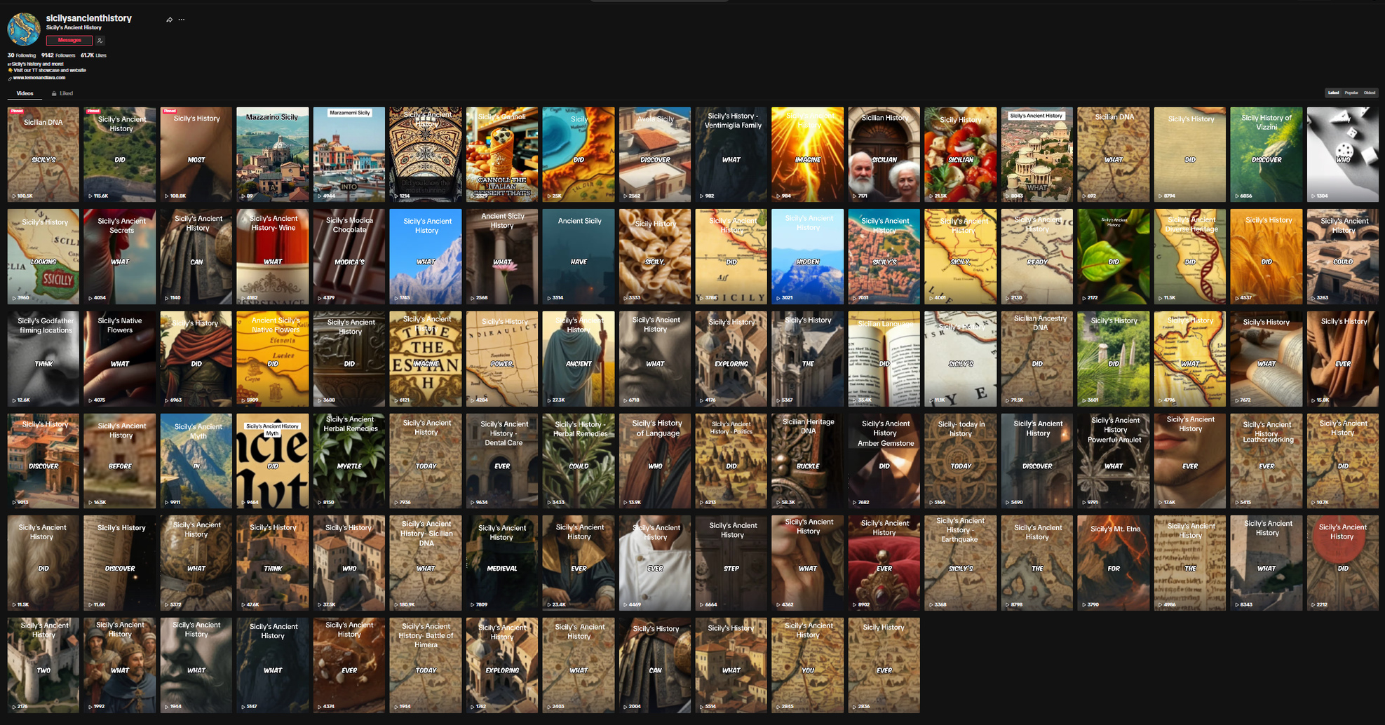 SicilyAncientHistory TikTok Video Grid: Grid of TikTok video thumbnails showcasing various videos on Sicily's history.