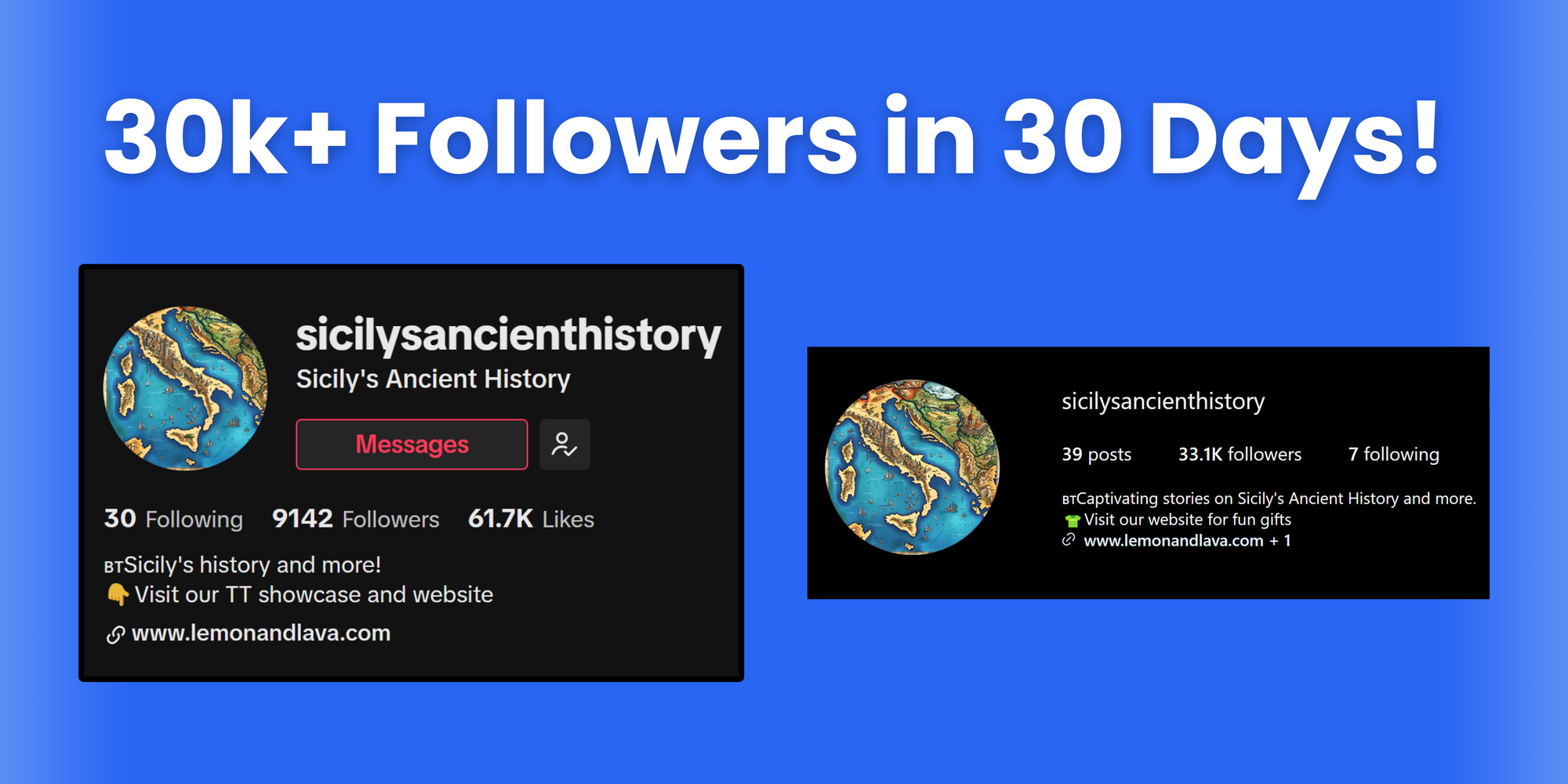 Screenshot showing the Instagram and TikTok accounts of @sicilyancienthistory, which grew to over 30K followers in 30 days using OSSA.AI. The accounts promote Sicilian history, culture, and products.