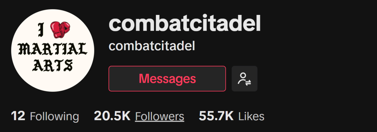 Combat Citadel TikTok profile showing 20.5K followers and 55.7K likes.