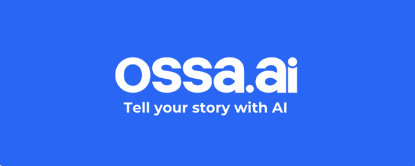 OSSA.AI logo on a blue background with the tagline "Tell your story with AI" in white text below the logo.