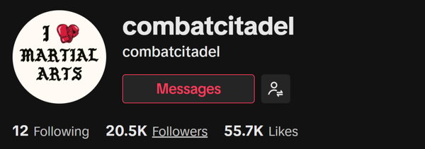 Combat Citadel TikTok profile showing 20.5K followers and 55.7K likes.